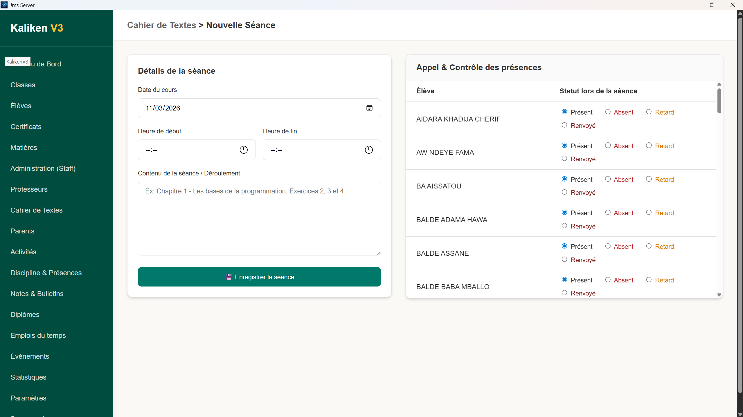 Cahier de textes — détail